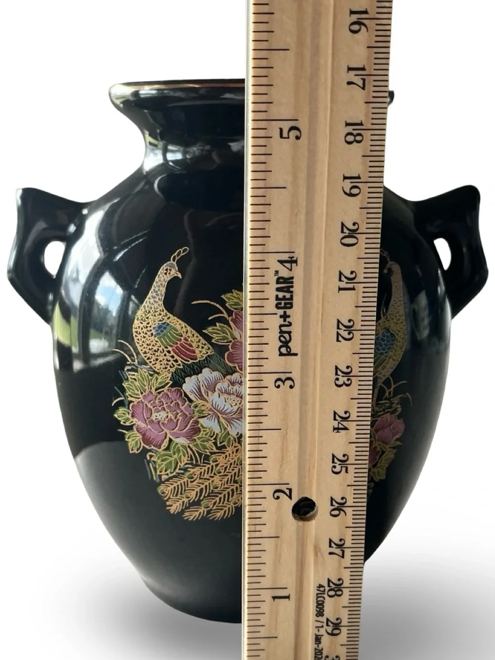 Vintage Chinoiserie Famille Noire Dual Handled Peacock Vase 5.5”